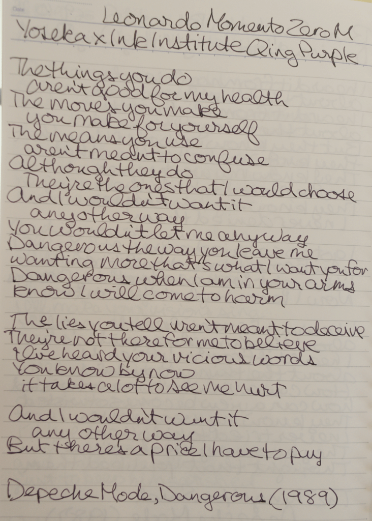 Writing sample of Yoseka Ceramics x Ink Institute Qing Purple with a Leonardo Momento Zero M on Kokuyo Loose Leaf