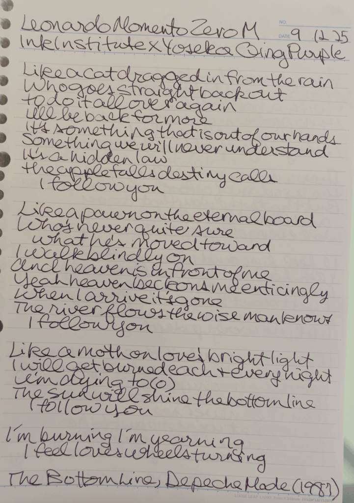 Writing sample of Yoseka Ceramics x Ink Institute Qing Purple with a Leonardo Momento Zero M on Maruman Loose Leaf