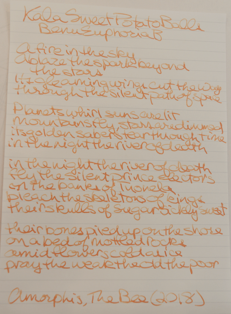Writing sample of Kala Ink Sweet Potato Balls with a Benu Euphoria B on Iroful paper