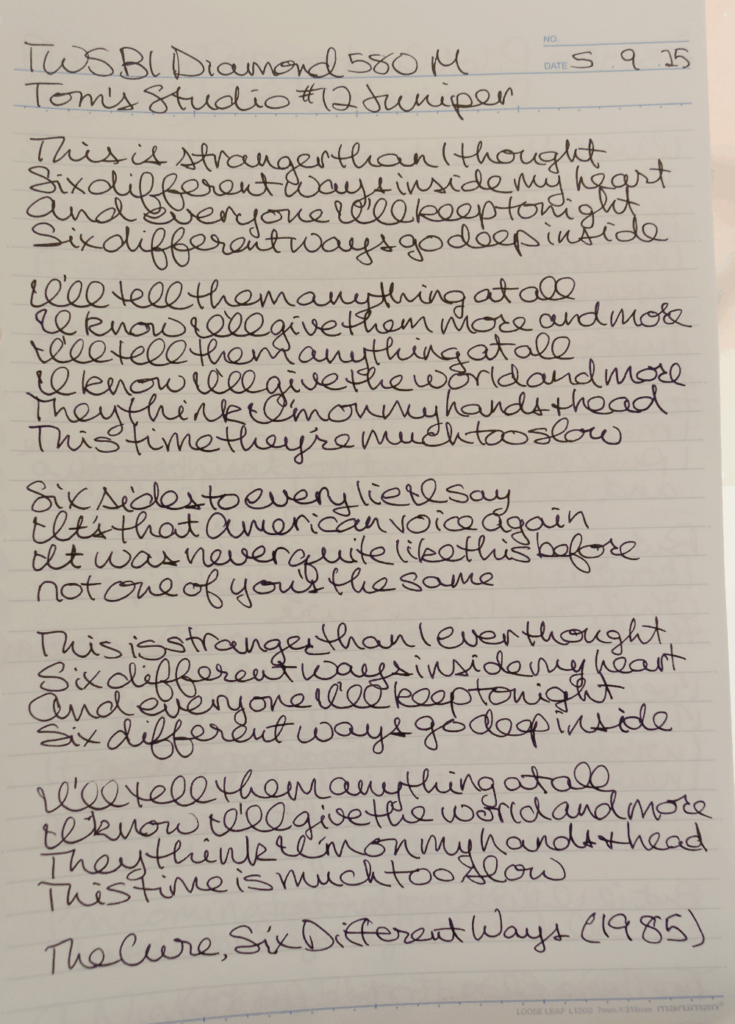 Writing Sample of Tom's Studio Juniper in a TWSBI Diamond 580 on Maruman Loose Leaf