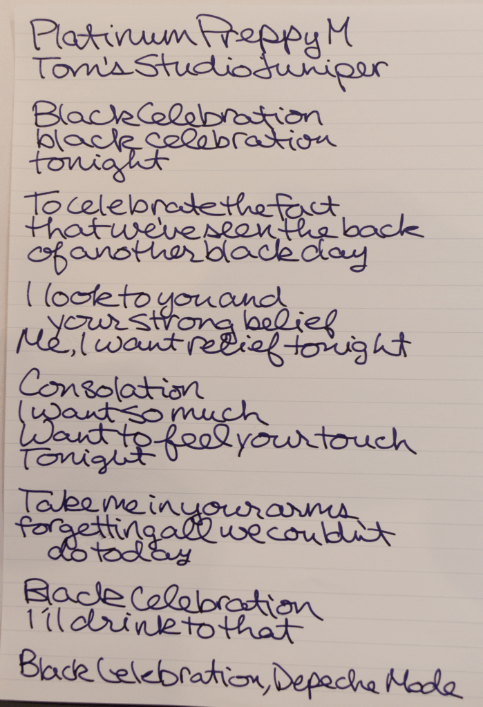 Writing Sample of Tom's Studio Juniper in a Platinum Preppy Medium on Sakae Technical Iroful paper