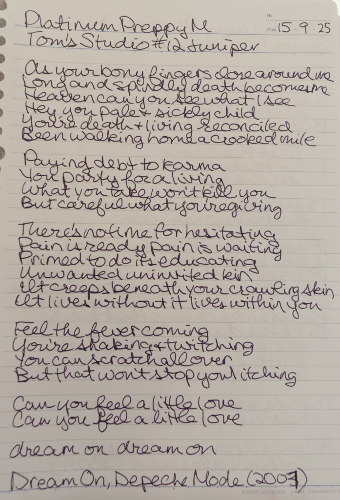 Writing Sample of Tom's Studio Juniper in a Platinum Preppy Medium on Kokyuo Campus paper