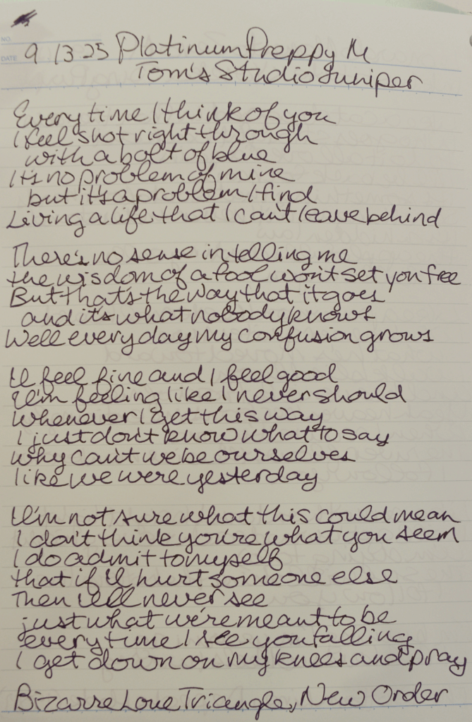 Writing Sample of Tom's Studio Juniper in a Platinum Preppy Medium on Maruman loose leaf paper